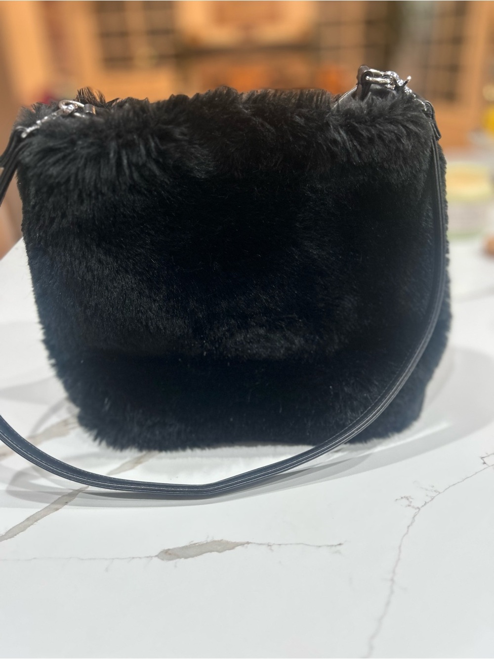 The Essential Y2K Bag! Black Faux Fur Bag with Chrome Hardware Accents